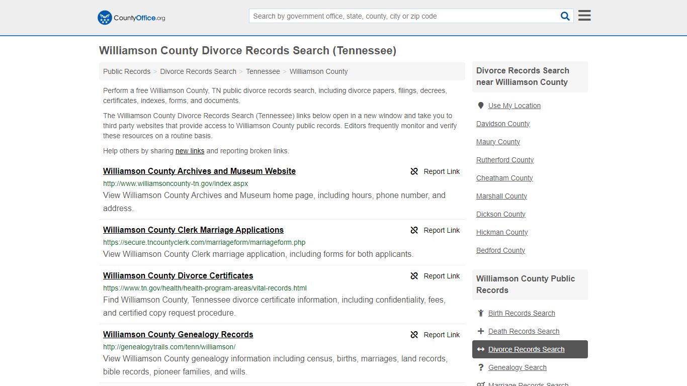 Williamson County Divorce Records Search (Tennessee) - County Office